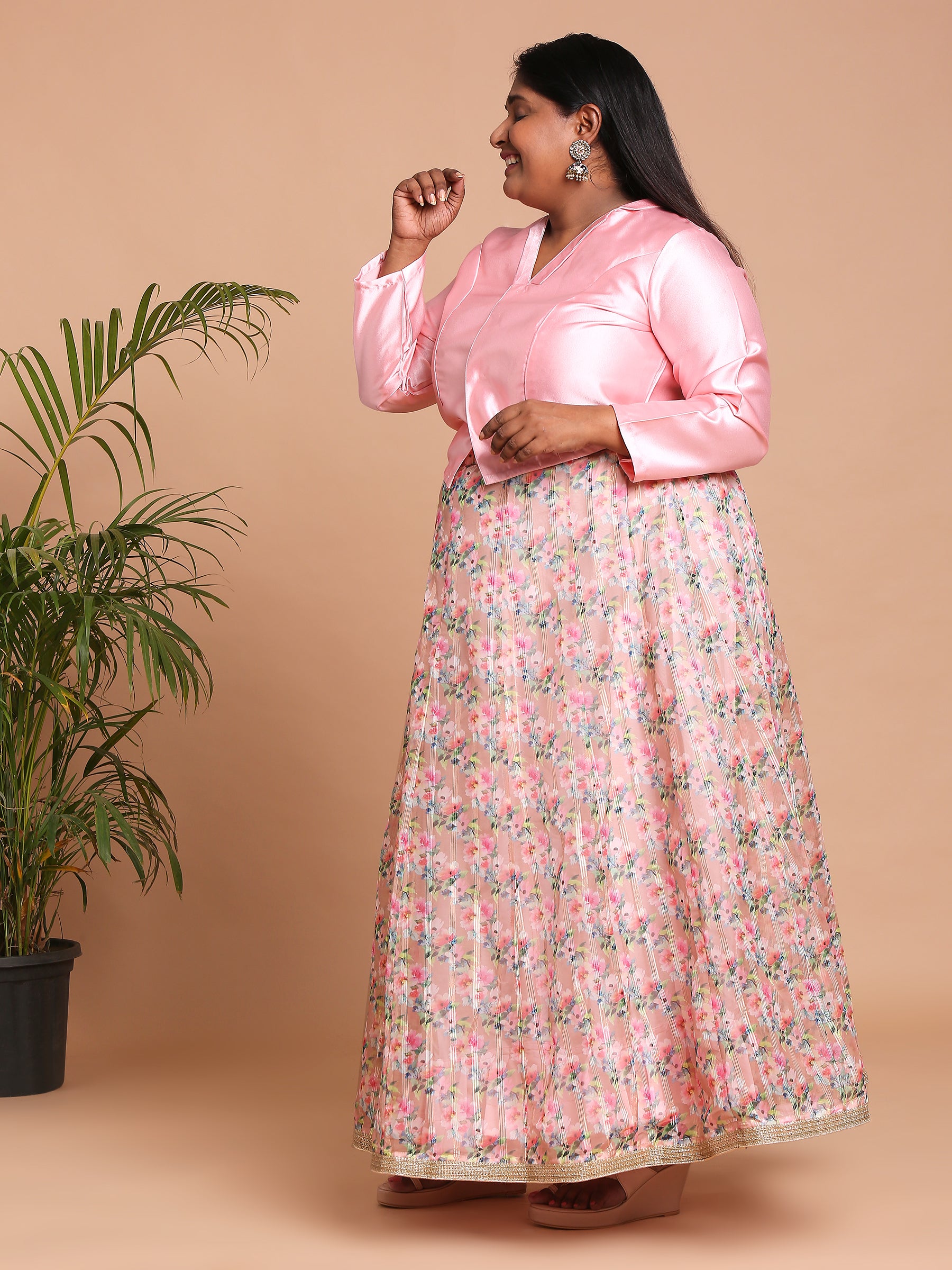 Pink top with floral printed skirt