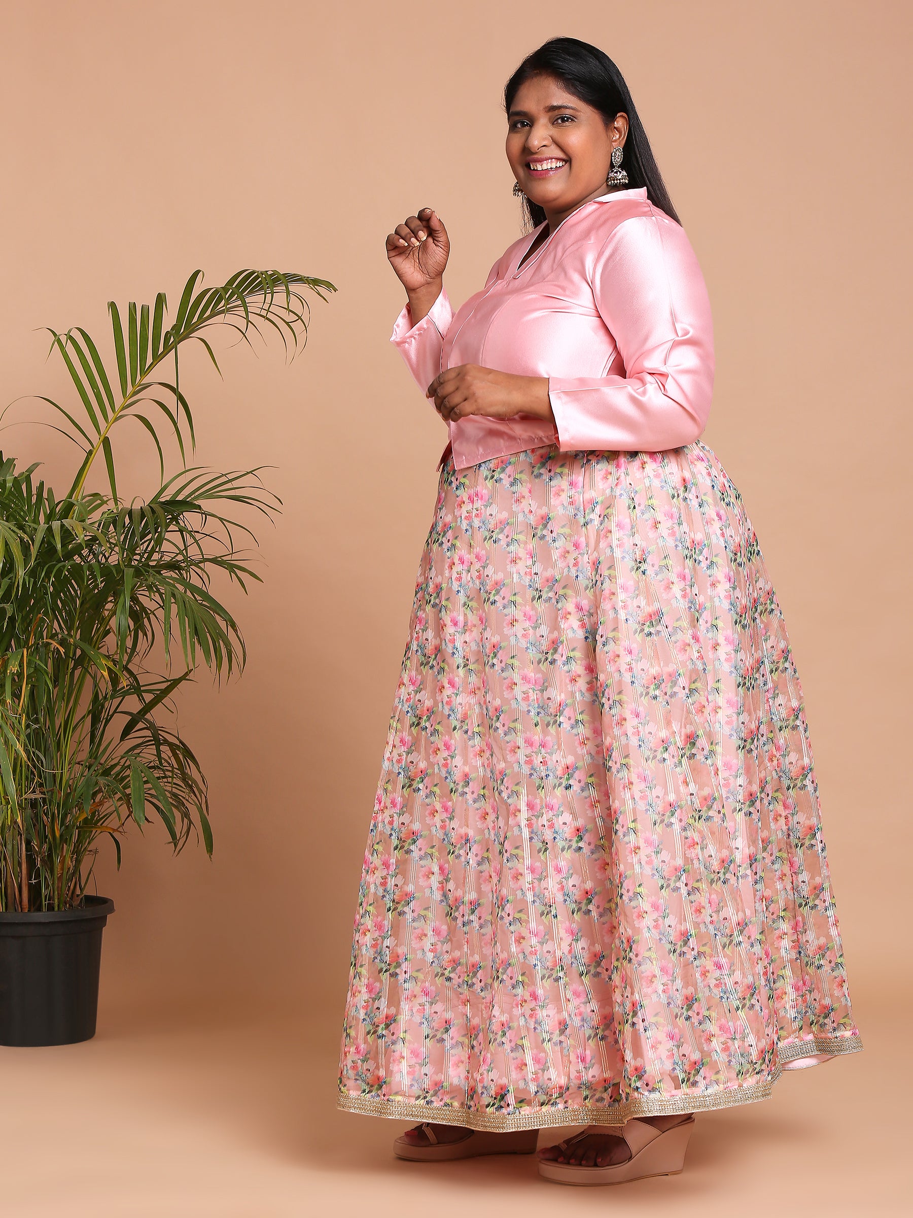 Pink top with floral printed skirt