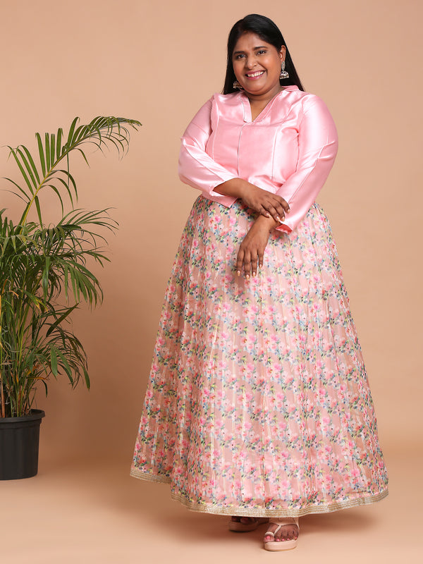 Pink top with floral printed skirt