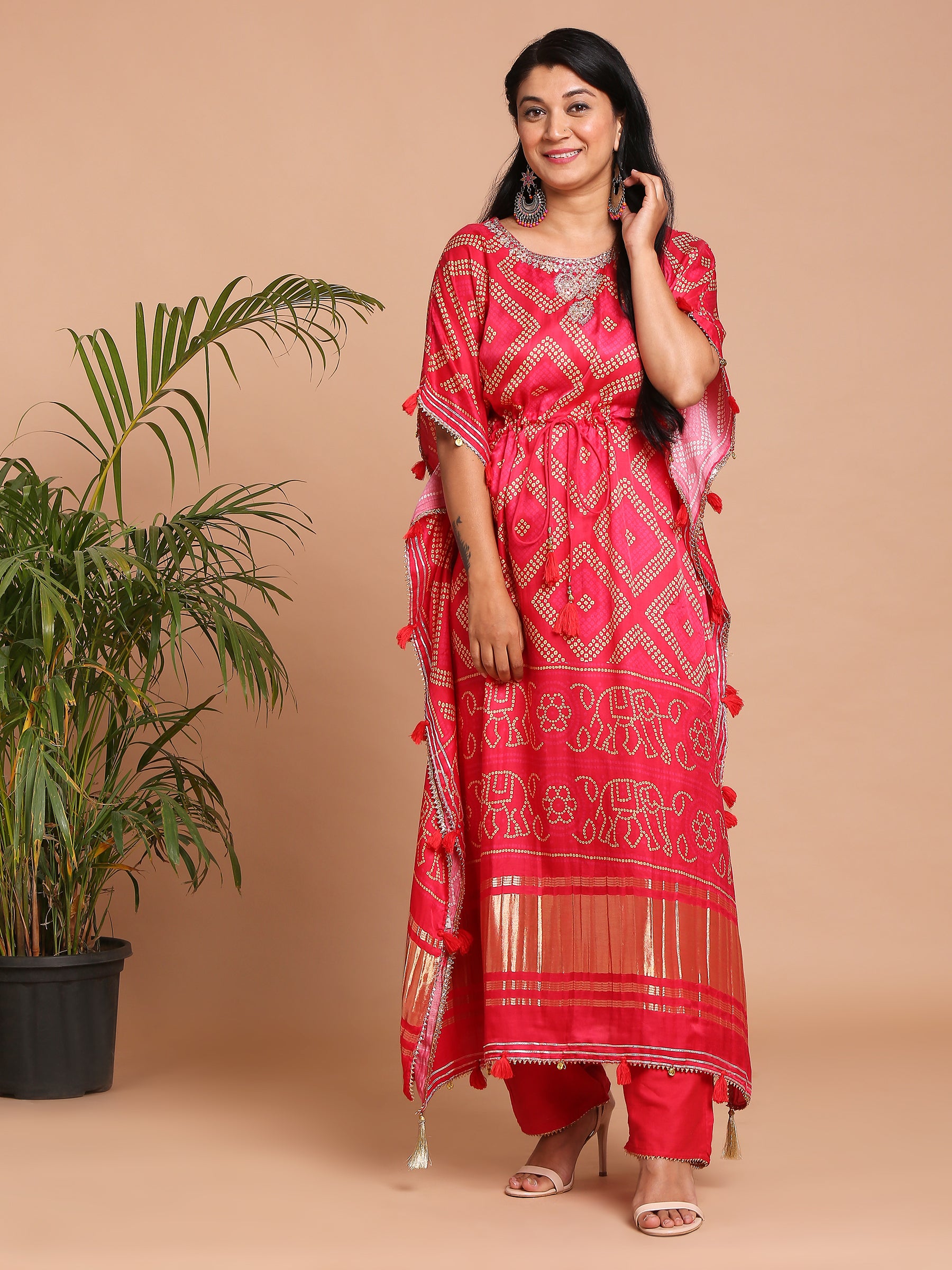 Red bandhni kaftan with pants