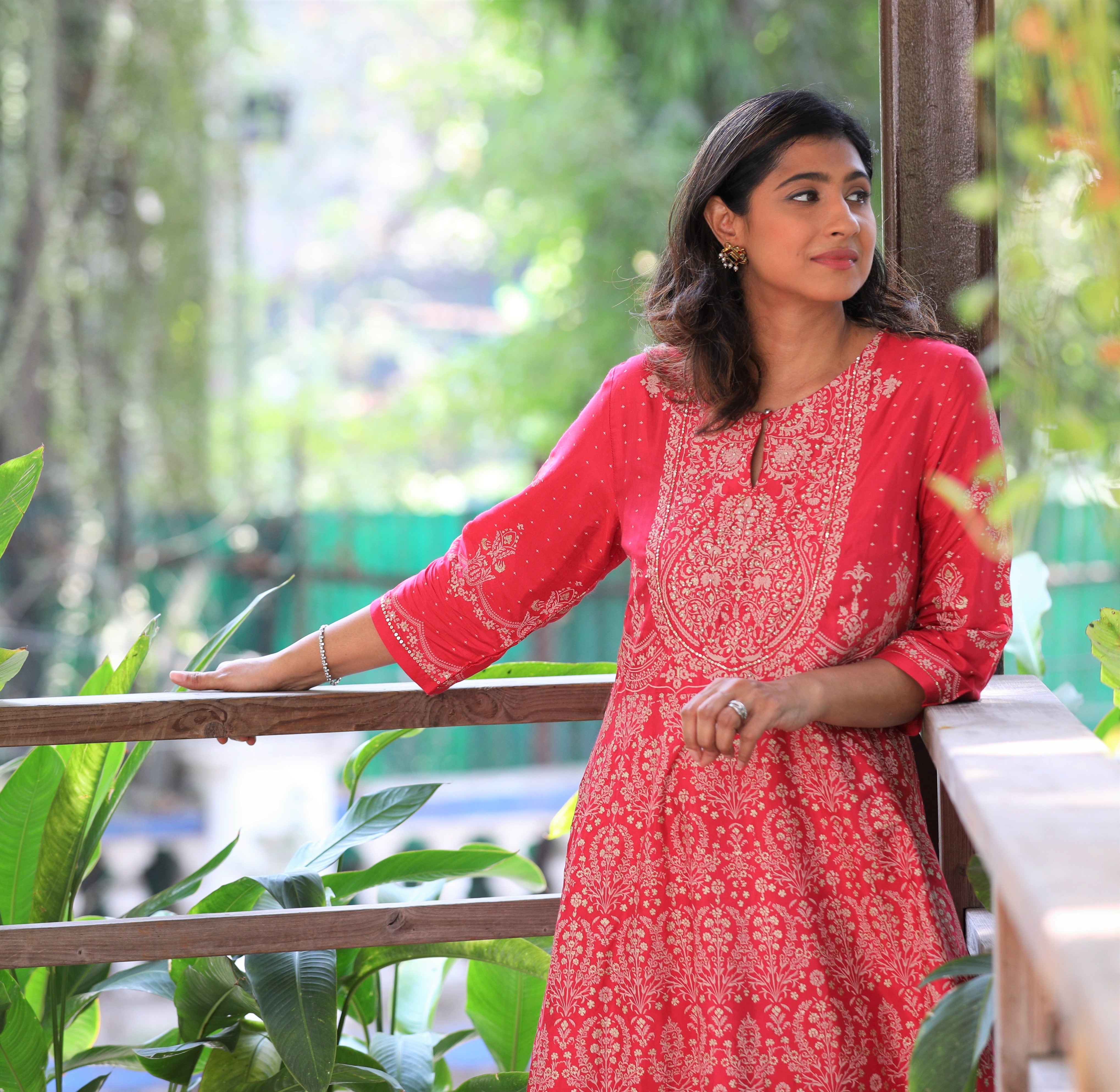 Red printed long dress