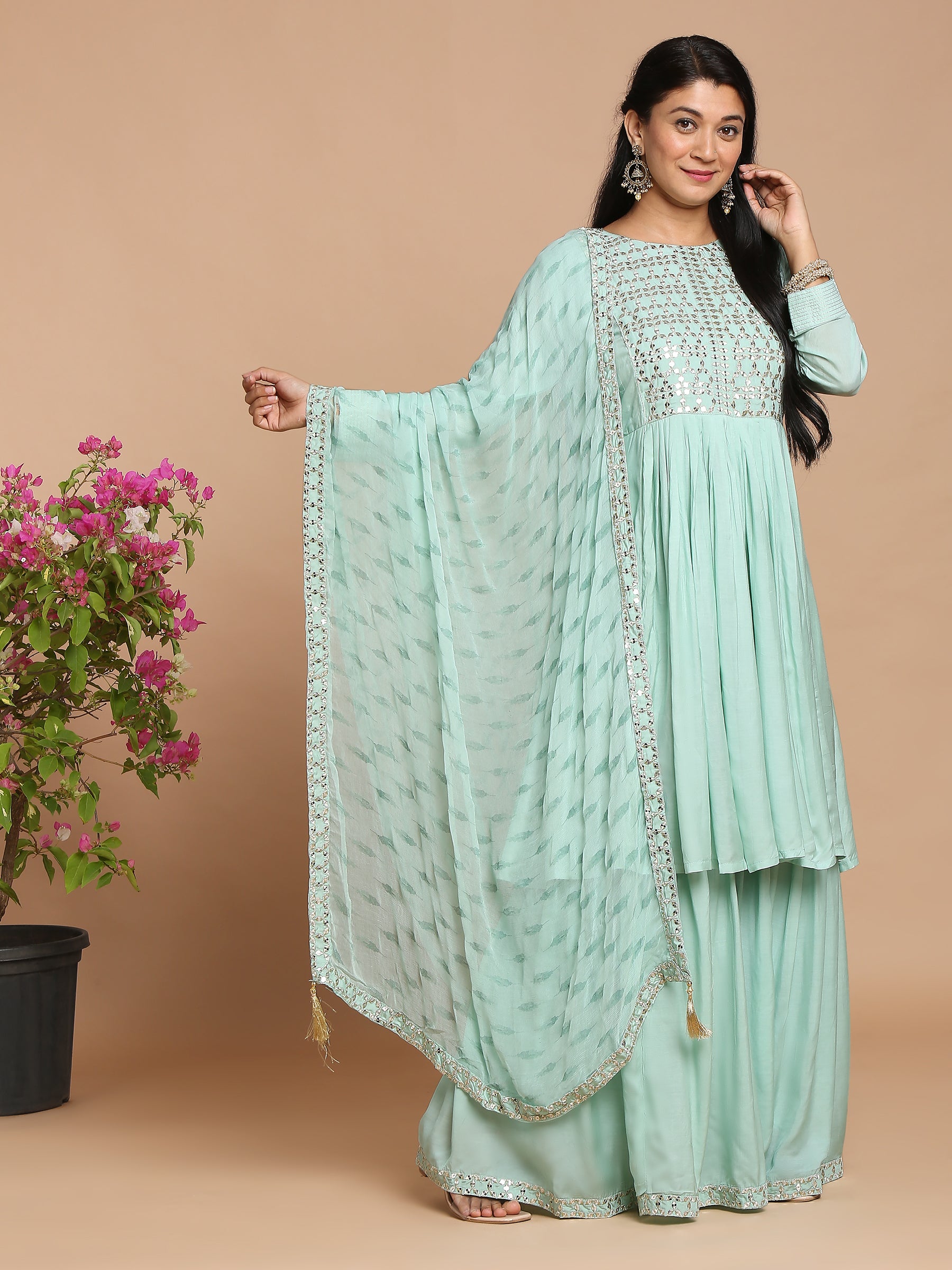 Sea blue peplum kurta with sharara and dupatta