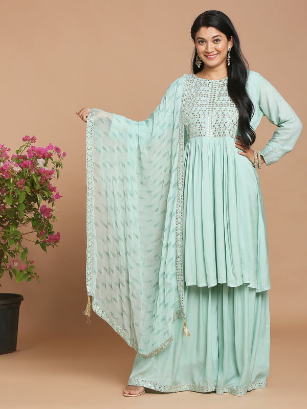 Sea blue peplum kurta with sharara and dupatta