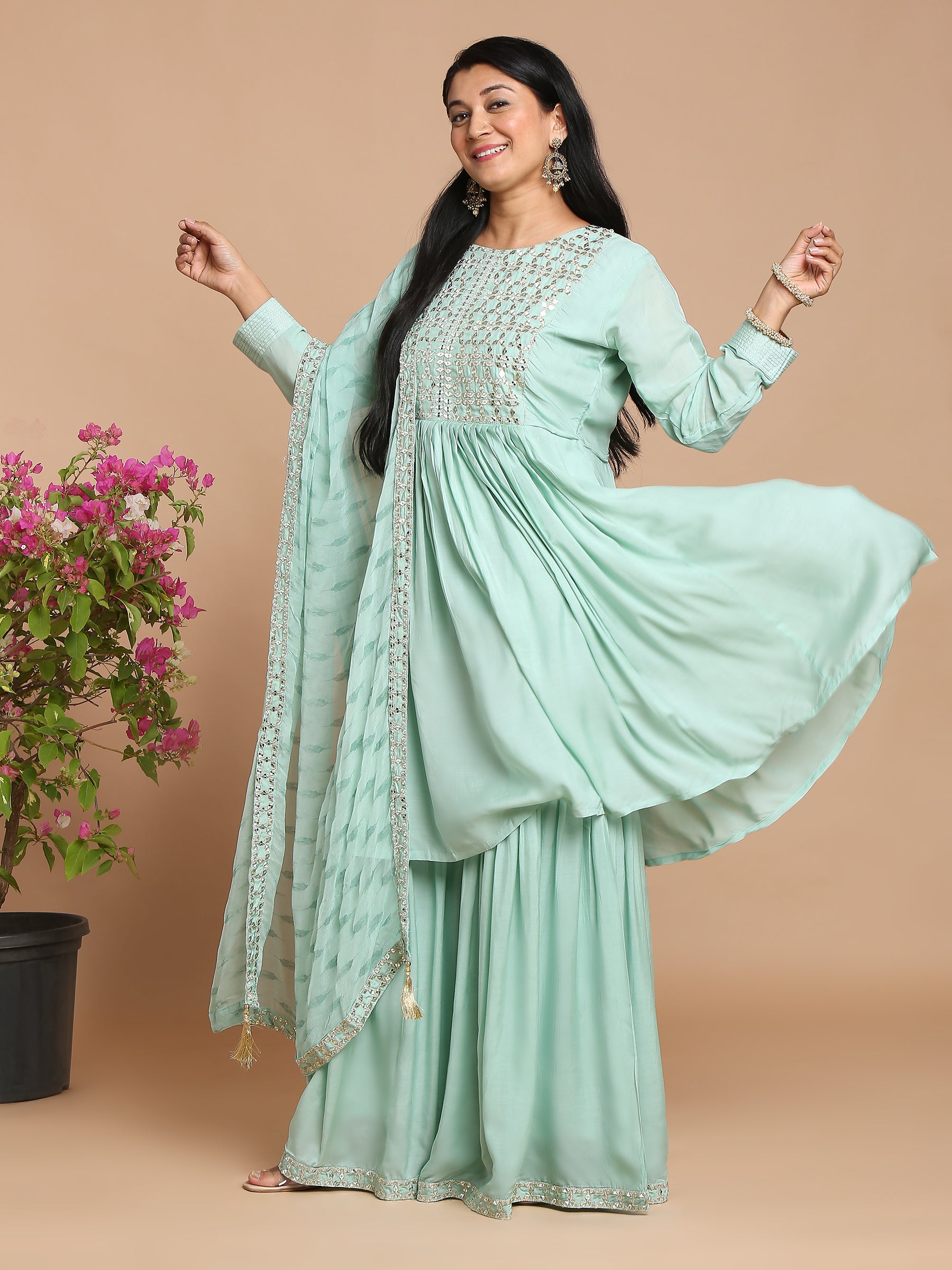 Sea blue peplum kurta with sharara and dupatta