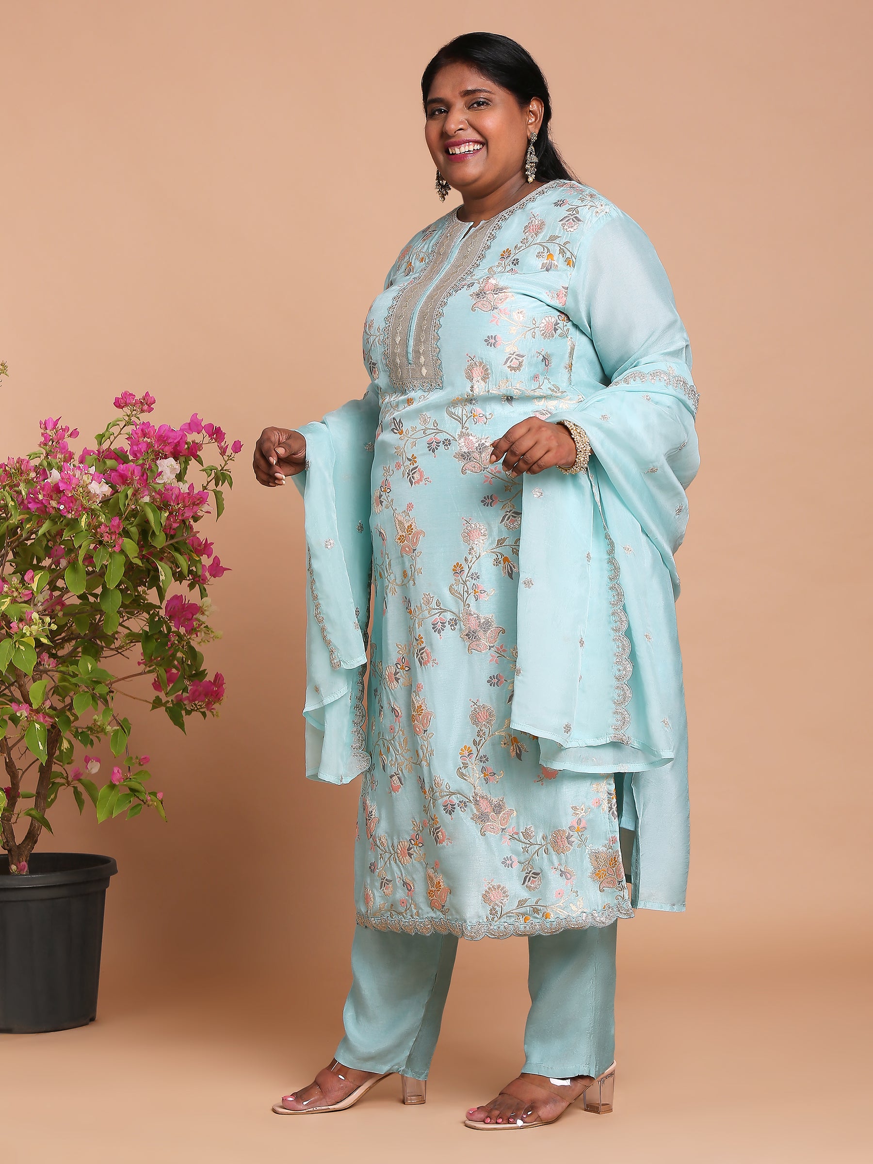 Sky blue floral woven kurta with pants and dupatta