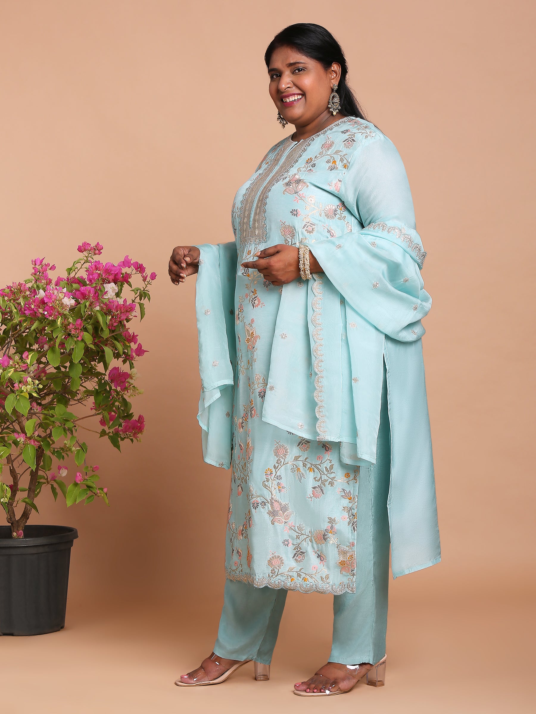 Sky blue floral woven kurta with pants and dupatta