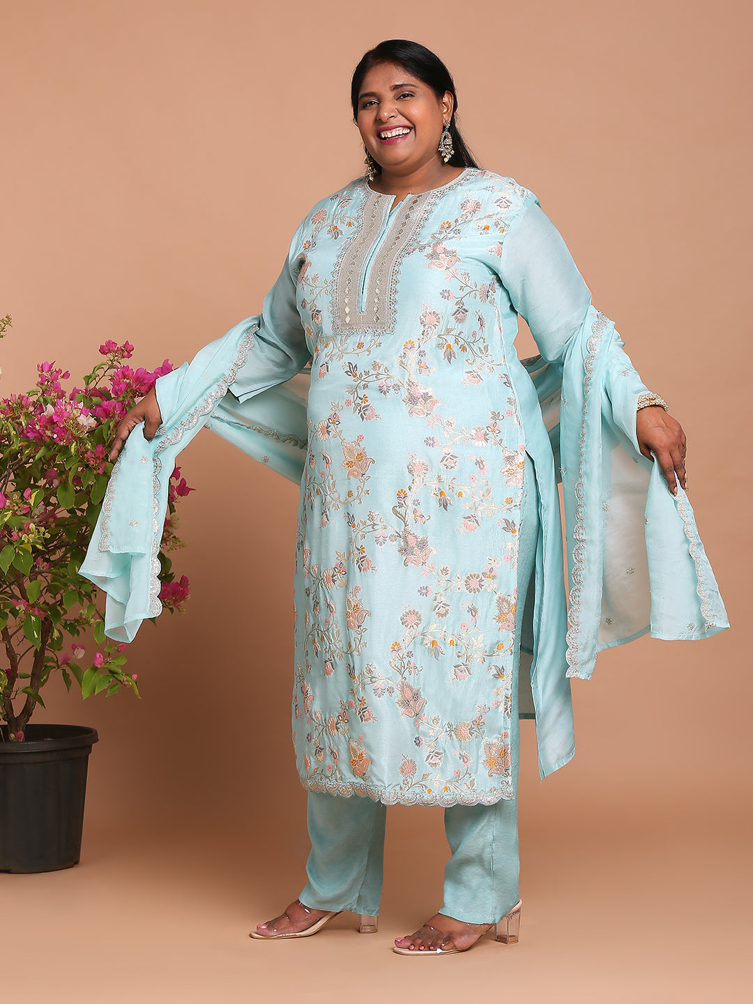 Sky blue floral woven kurta with pants and dupatta