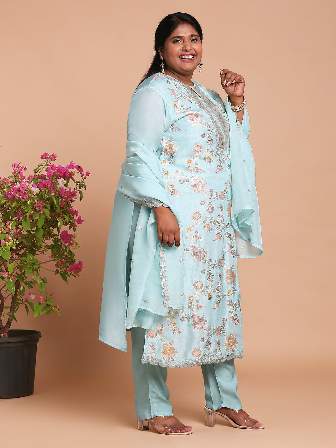 Sky blue floral woven kurta with pants and dupatta