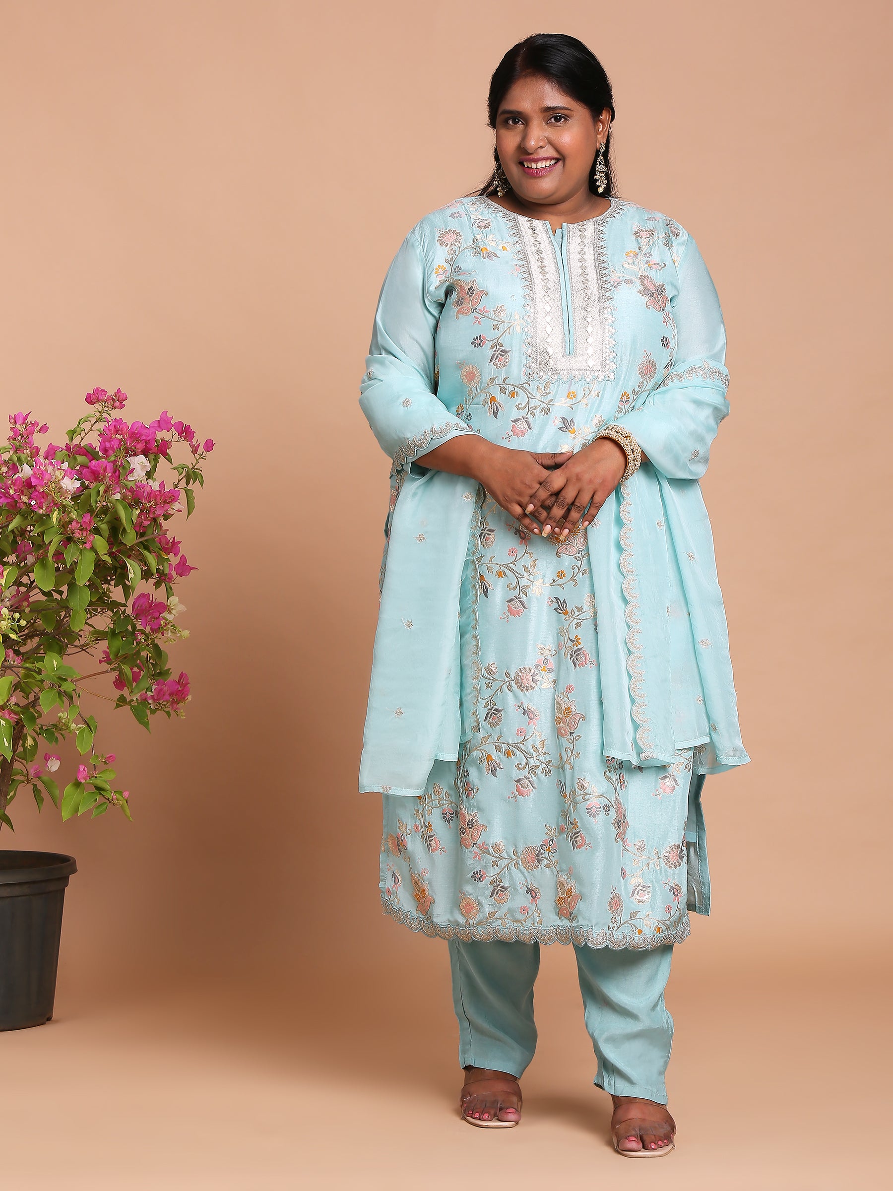 Sky blue floral woven kurta with pants and dupatta