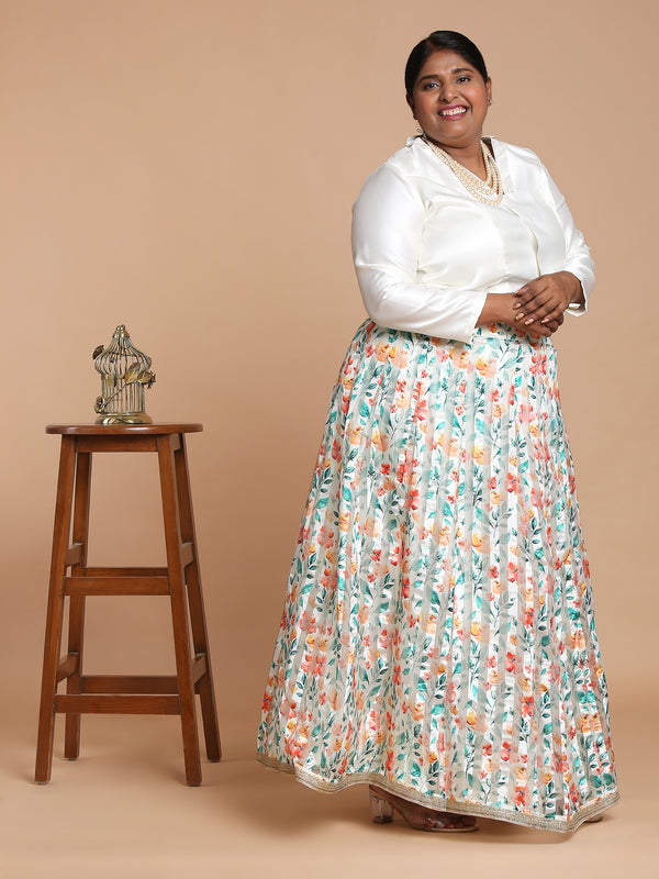 White top with floral printed skirt