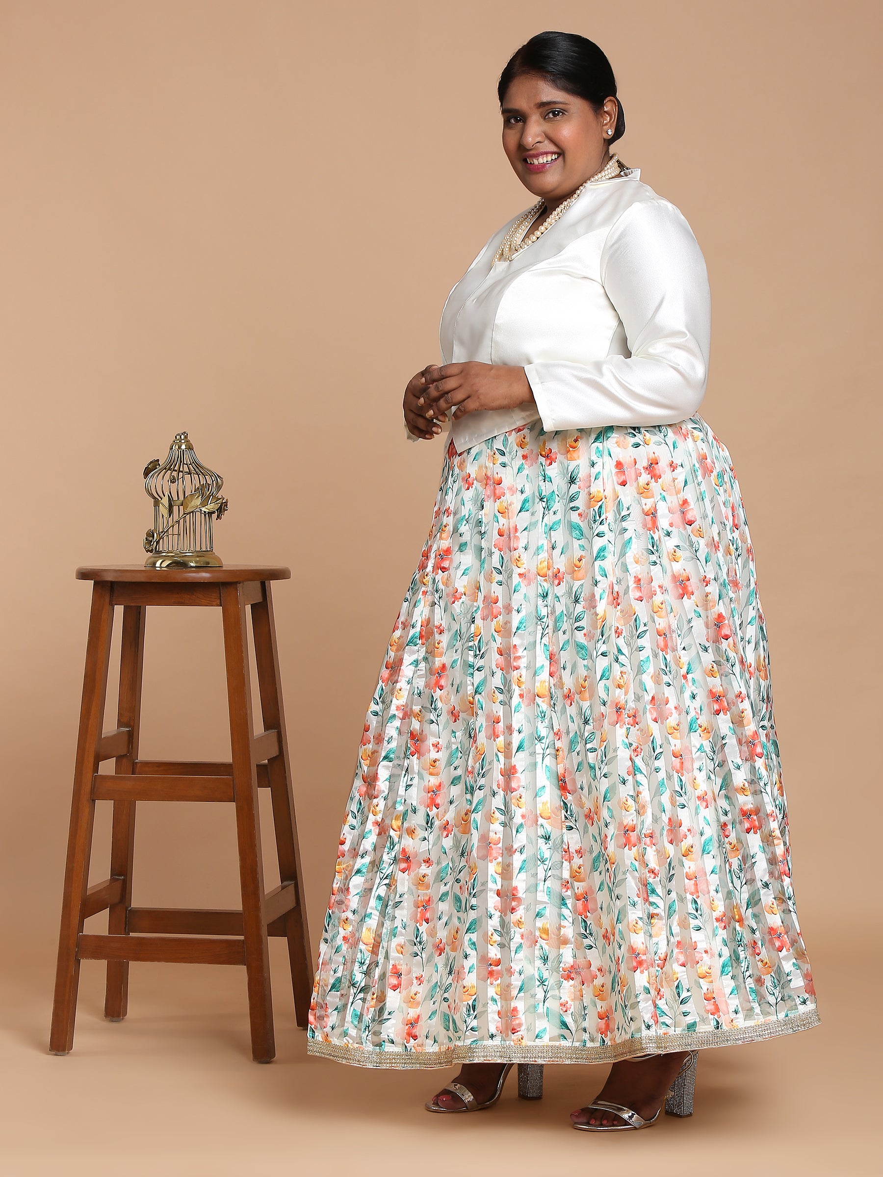 White top with floral printed skirt