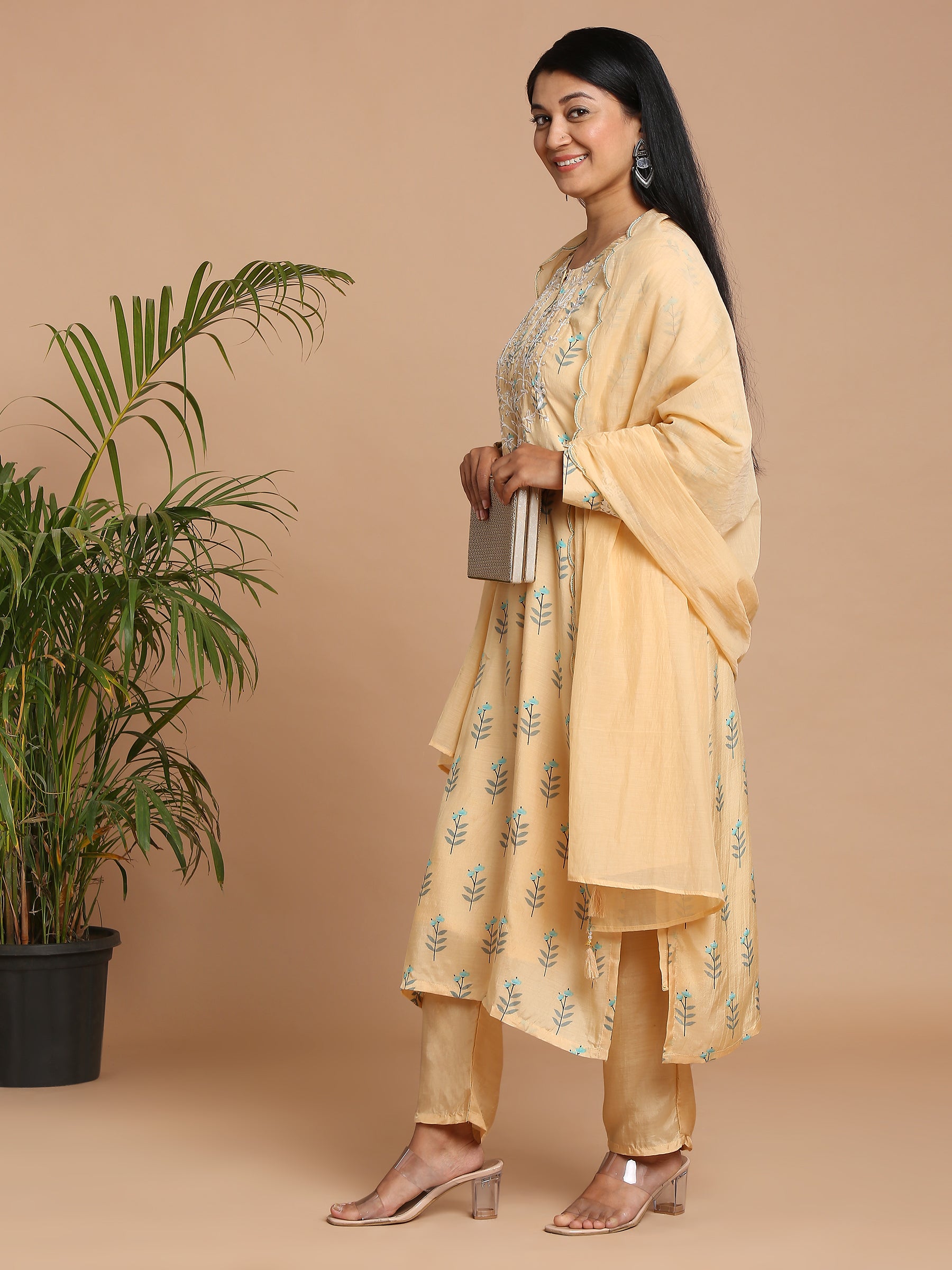 Yellow floral printed kurta with pants and dupatta