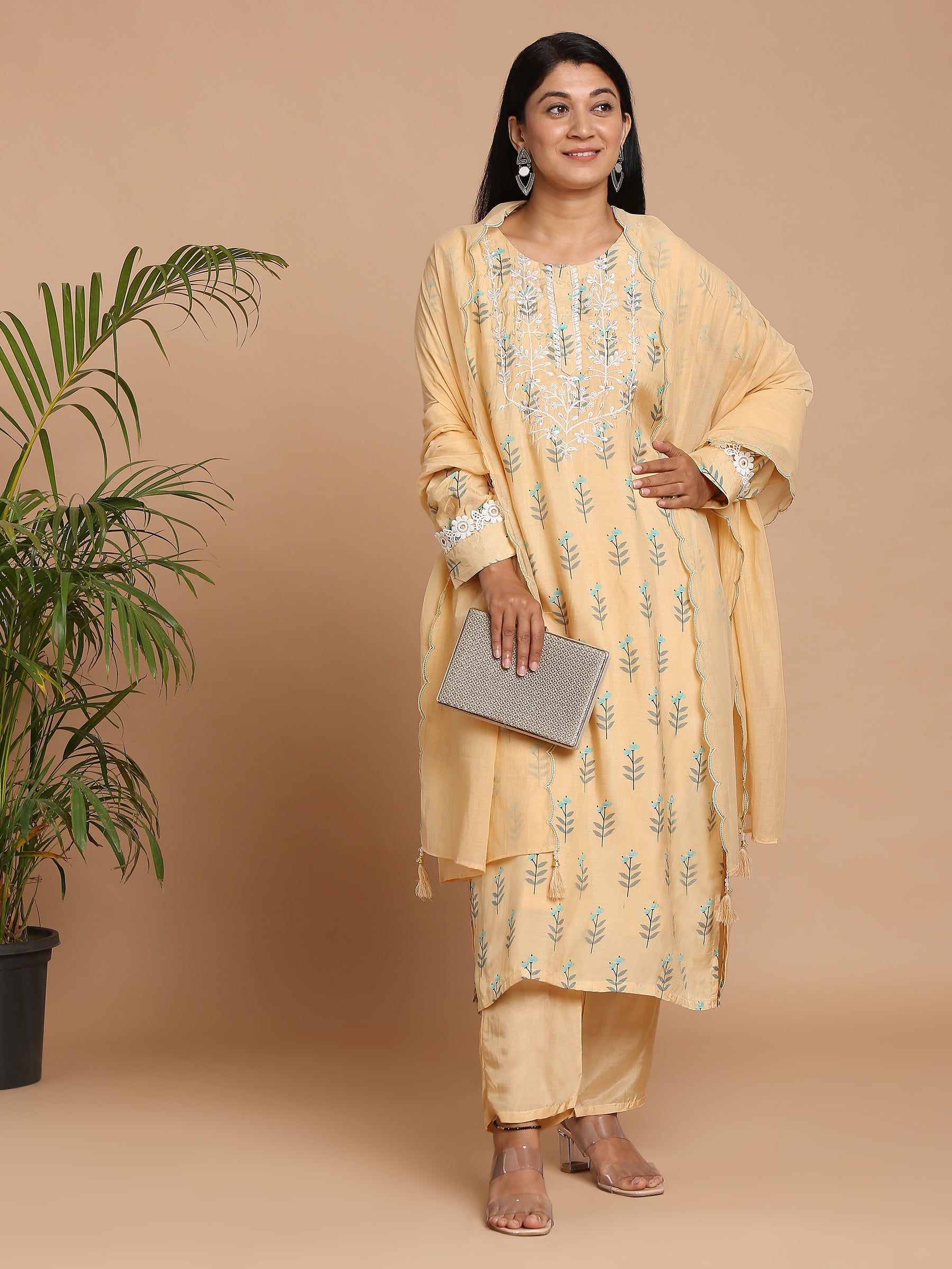 Yellow floral printed kurta with pants and dupatta