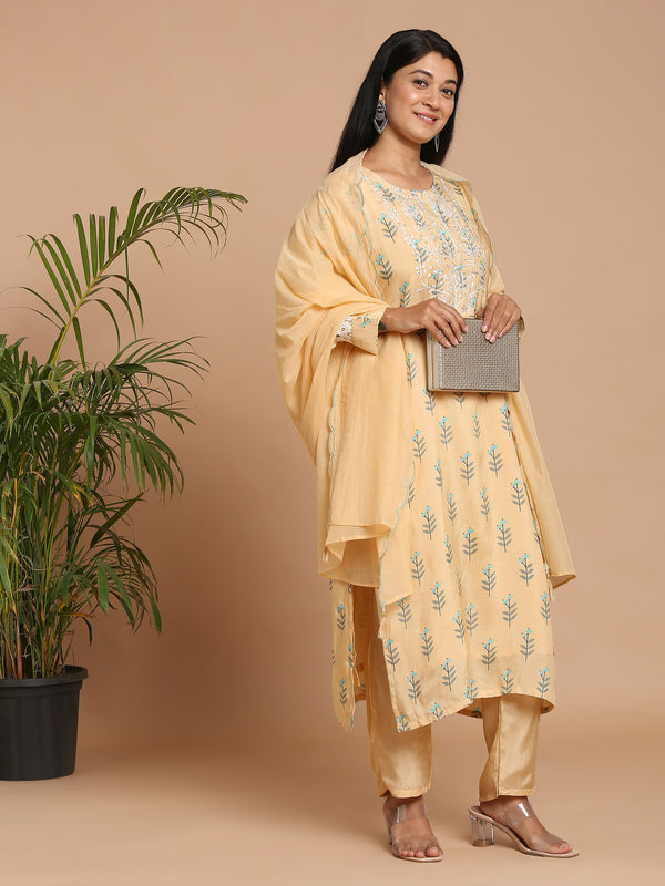 Yellow floral printed kurta with pants and dupatta